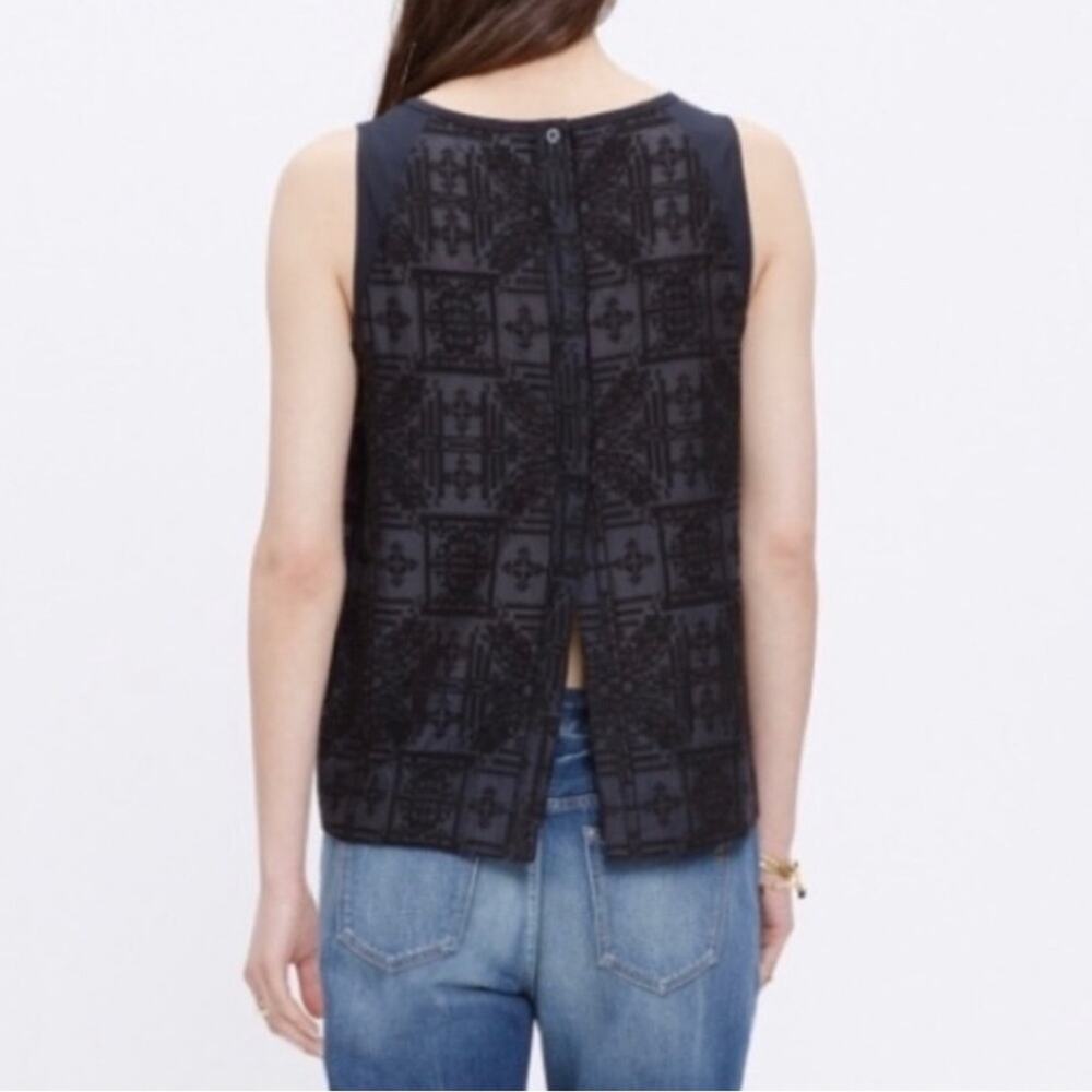 Madewell Threadwork Embroidered Black Button Down Split Back Tank Top